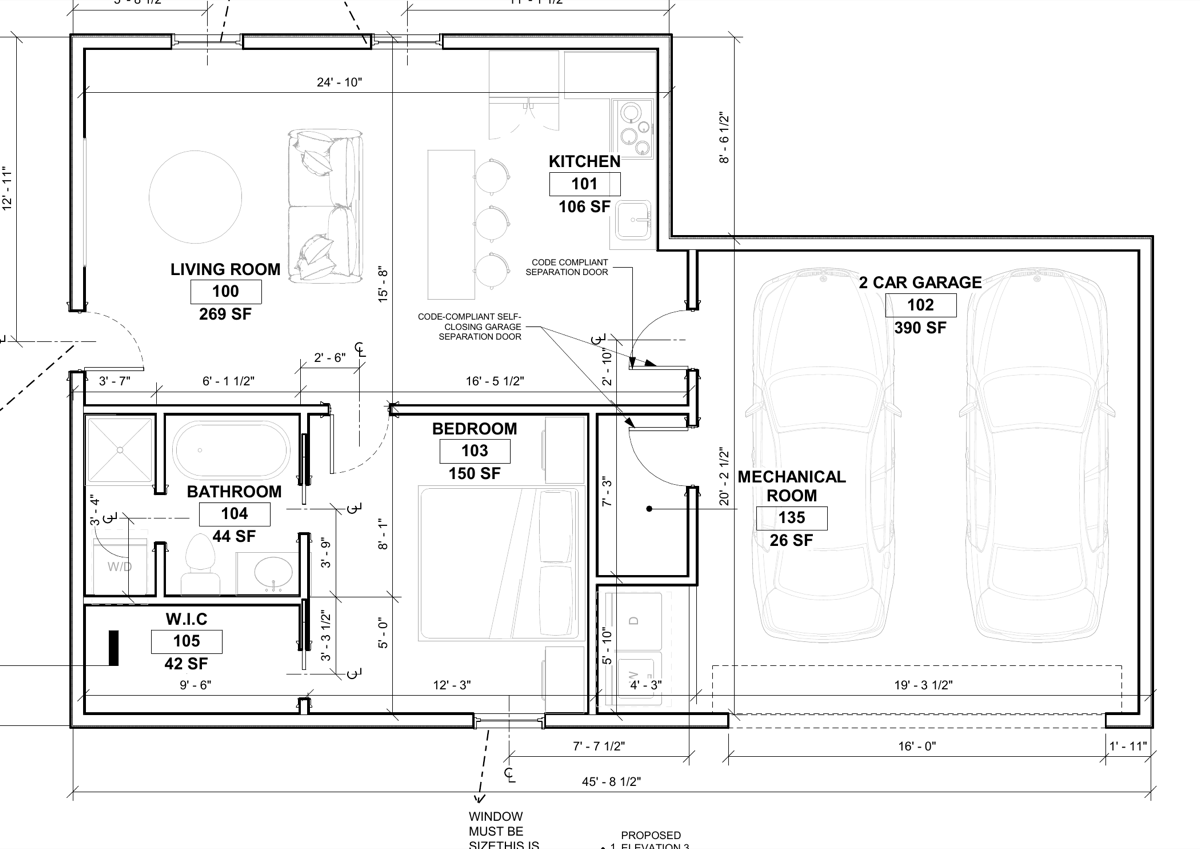 The Bungalow floor plan — 684 sq ft Woodstock ADU layout